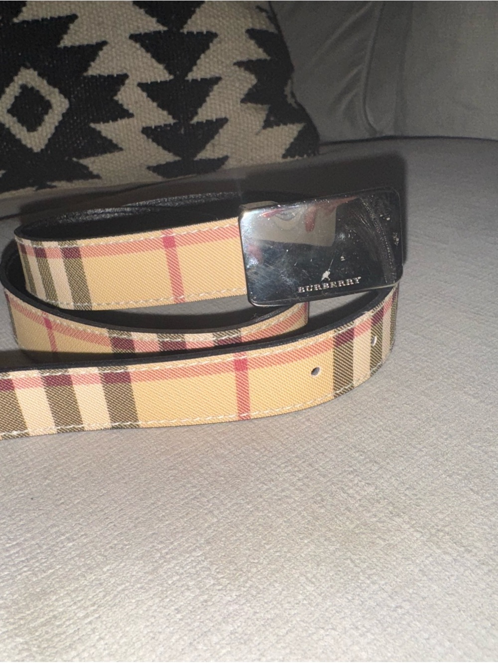 Burberry Beige Check Plaid Belt with Silver Buckle